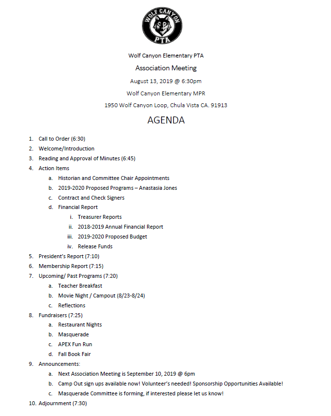 August 13 PTA Agenda